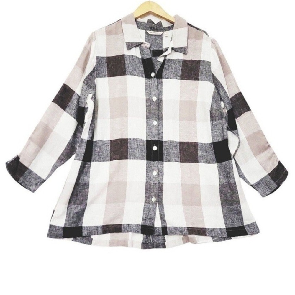 Soft Surroundings Linen Top Womens 1X 5BU60 Tan Black Plaid Back Zip EUC
